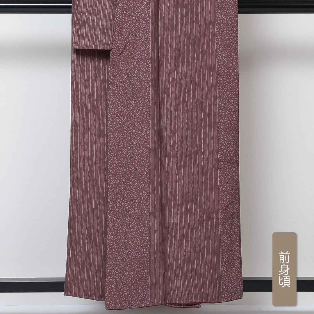 小紋 袷 身丈155cm 裄丈61cm 正絹 Aランク インフォーマル 広衿 Mサイズ よろけ縞 花柄 紫系 RP 1221-01467