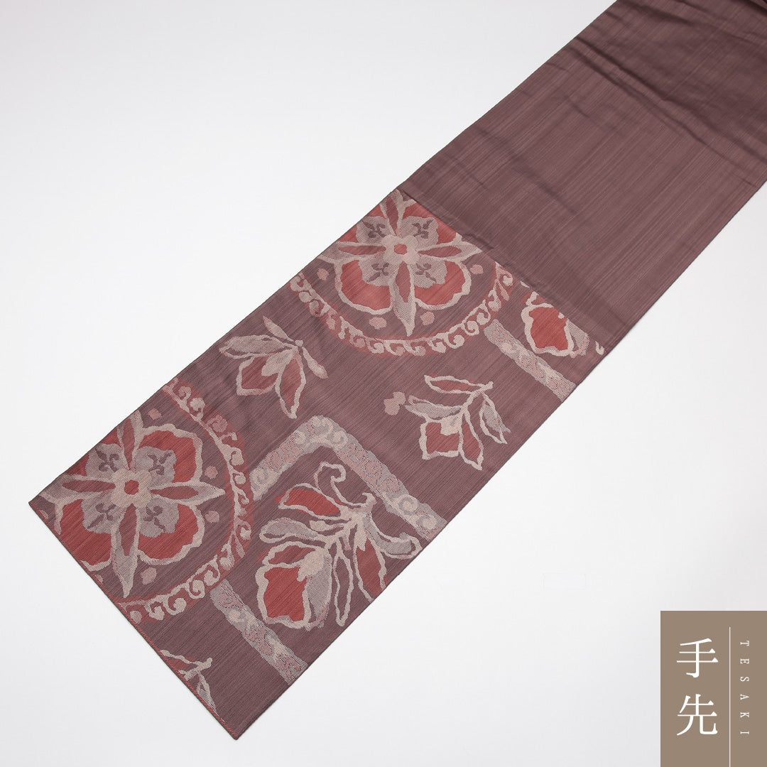 未使用品 袋帯 帯丈436cm 正絹 六通 古今帯 インフォーマル 花菱 茶系 1243-01234
