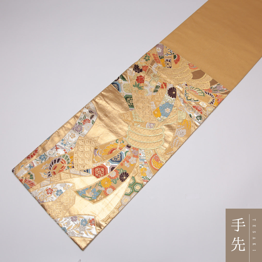 袋帯 帯丈442cm 正絹 六通 フォーマル 熨斗 古典柄 金系 1243-01115