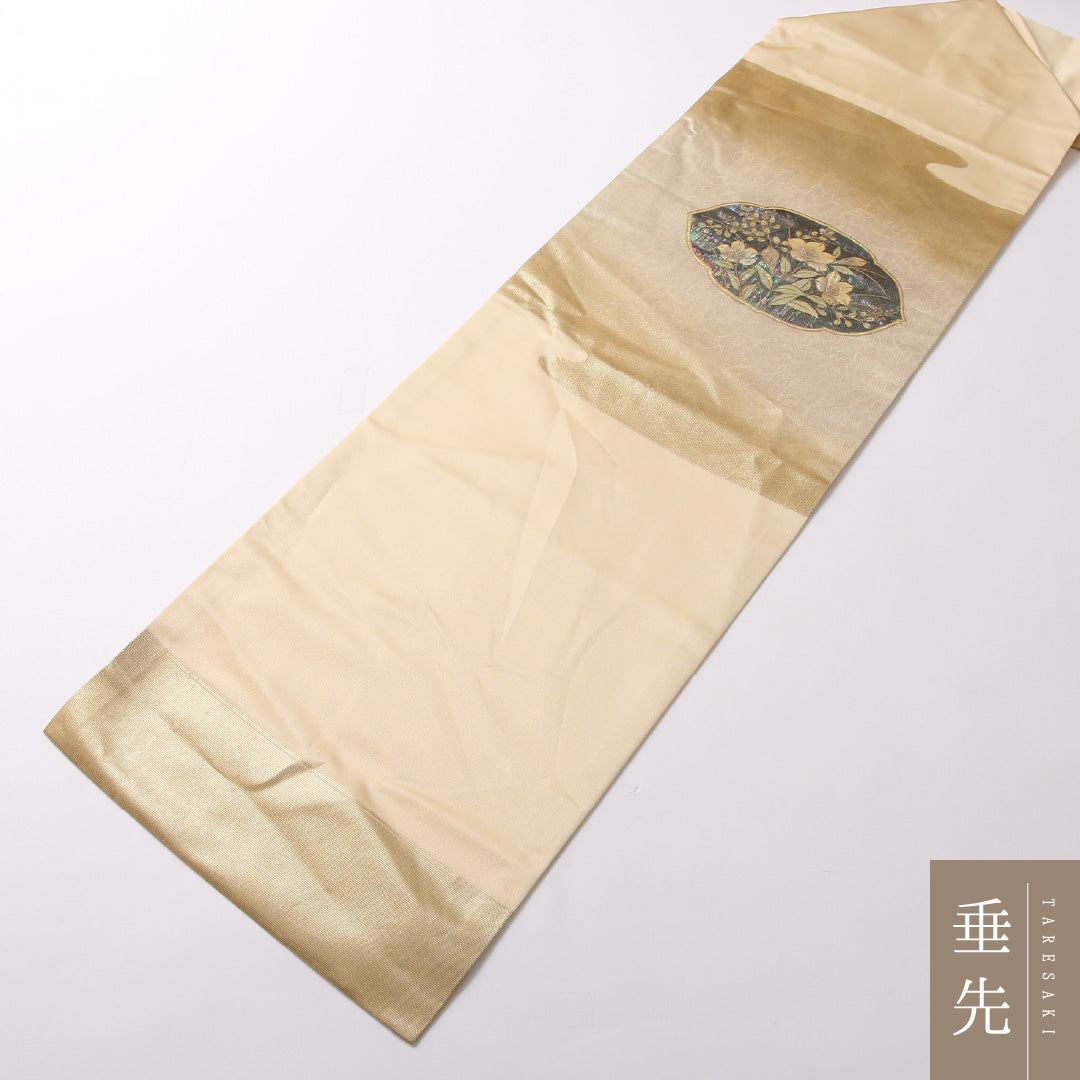 九寸名古屋帯 Sランク 帯丈388cm 正絹 ポイント柄 名古屋仕立て 織り セミフォーマル 鉄線 金系 M4 1245-02870