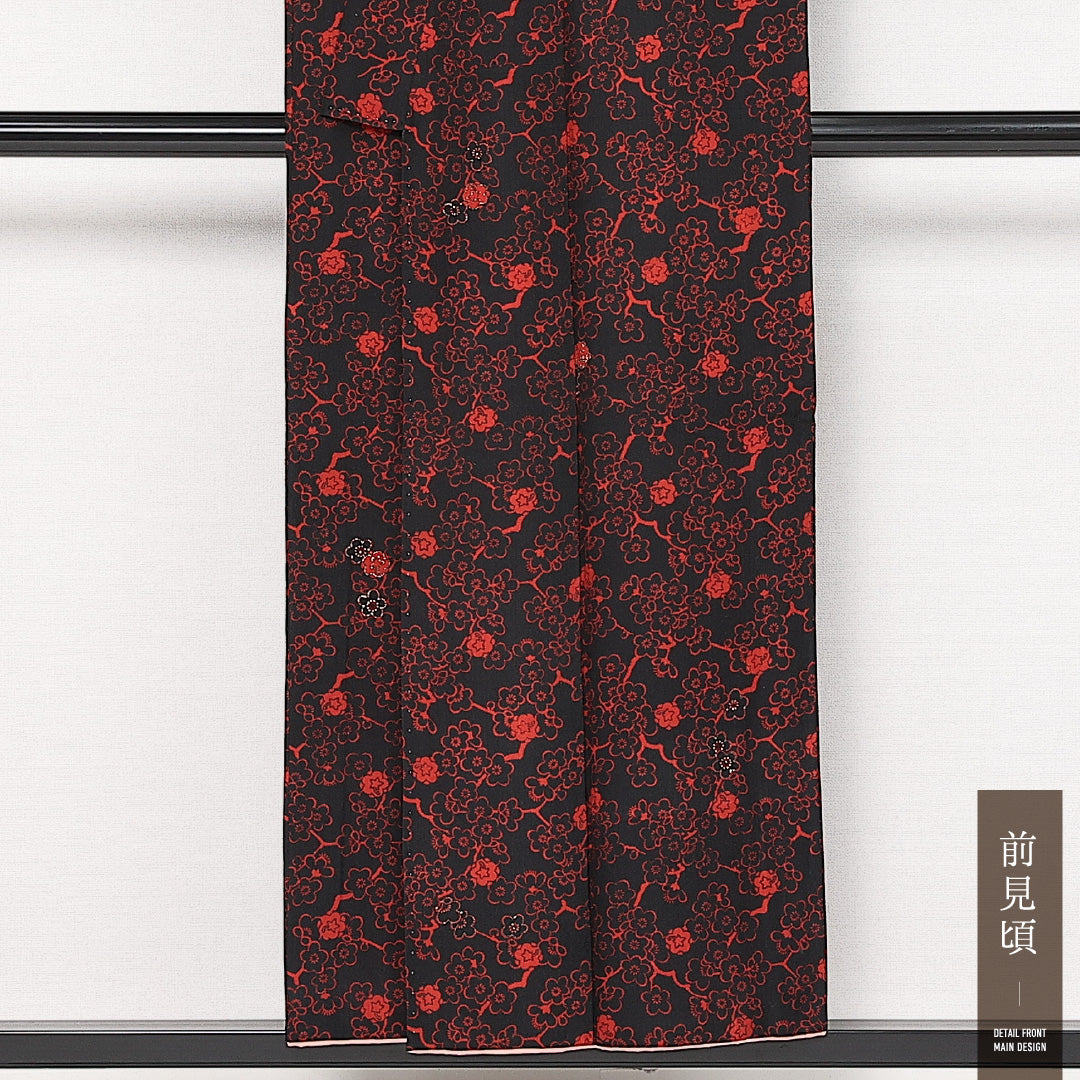 アンティーク 洗える着物 木綿の小紋 袷 身丈145cm 裄丈60cm 木綿 Aランク バチ衿 XSサイズ 梅 黒系 RP 1221-13650