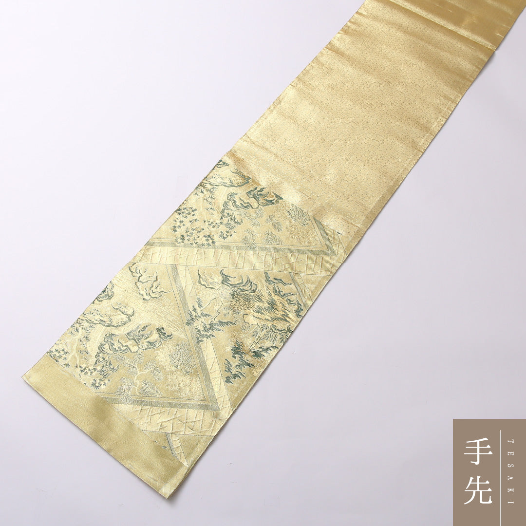 袋帯 帯丈452cm 六通 未仕立て フォーマル Sランク 正絹 佐賀錦 松 古典的 重厚感 証紙 金系 1223-01609