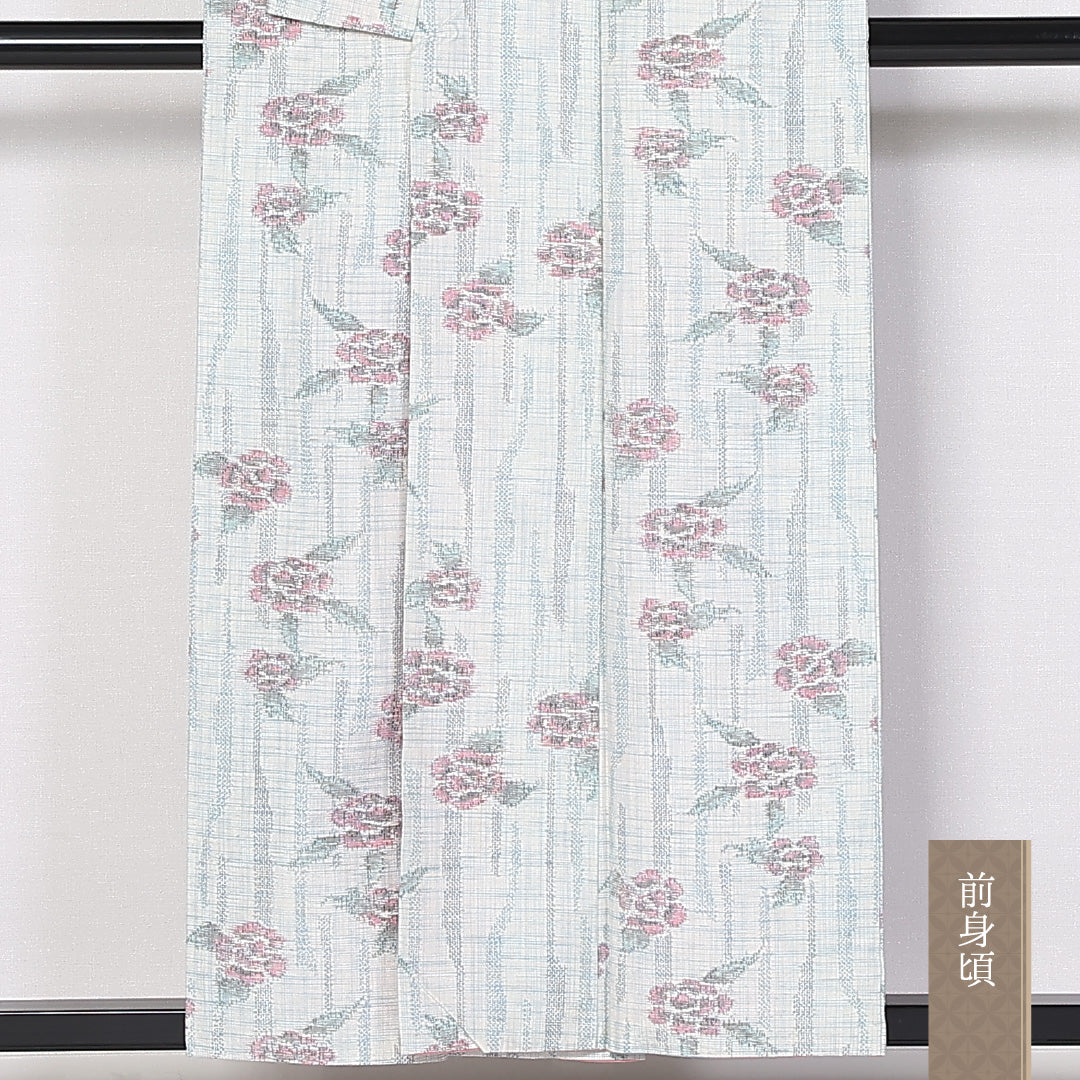 真綿紬 袷 身丈154cm 裄丈63cm 正絹 Aランク カジュアル 広衿 Sサイズ 牡丹 水色系 RP 1223-03874