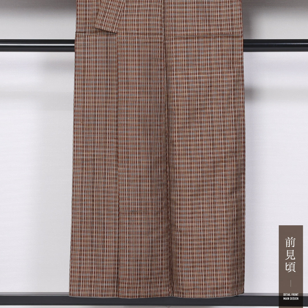 洗える着物 紬 袷 身丈149cm 裄丈63cm ポリエステル Sランク カジュアル バチ衿 XSサイズ 格子 茶系 RP 1223-11481