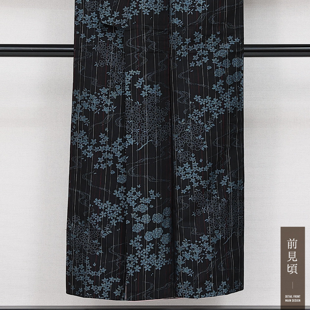 アンティーク お召 袷 身丈150cm 裄丈60cm 正絹 Aランク バチ衿 Sサイズ 流水 花柄 黒系 RP 1222-14314