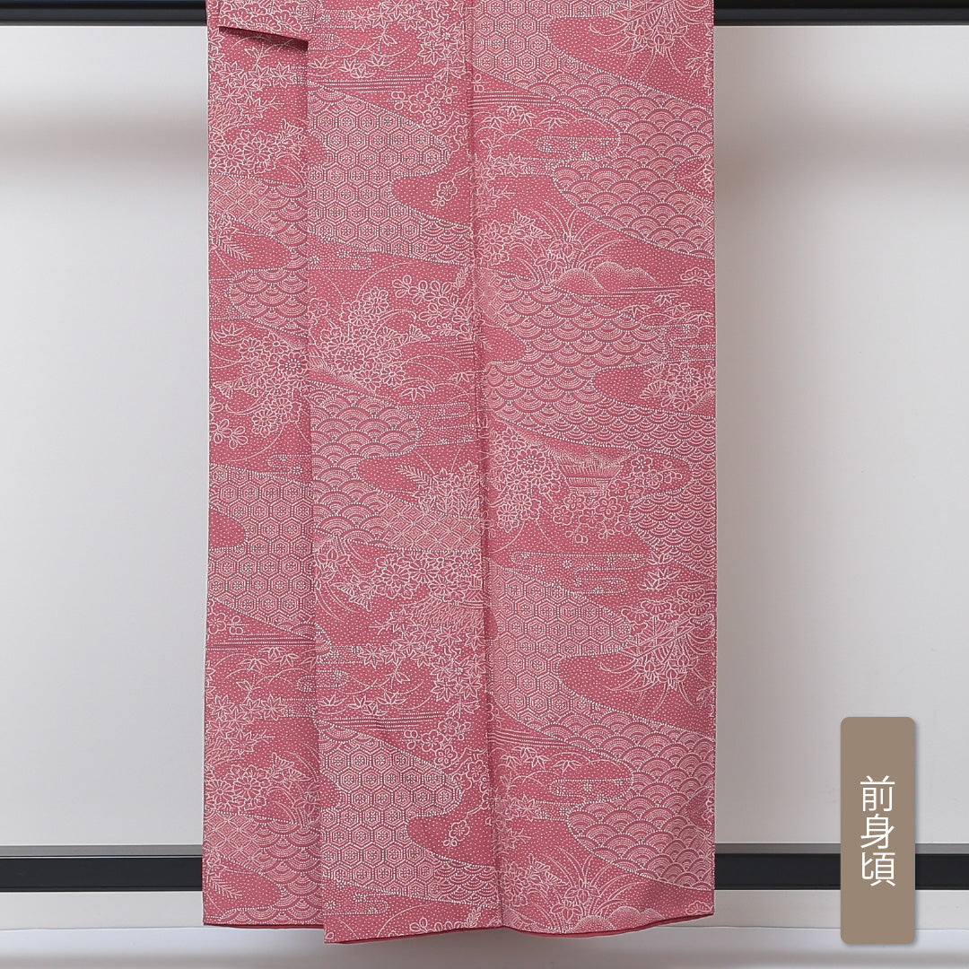 小紋 袷 身丈157cm 裄丈64cm 正絹 Aランク Mサイズ バチ衿 インフォーマル ちりめん 茶屋辻 青海波 ピンク系 1215-01505
