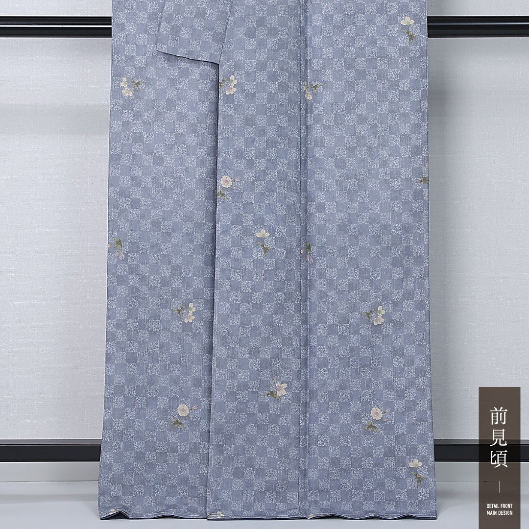 洗える着物 小紋 袷 身丈165cm 裄丈65cm ポリエステル Sランク インフォーマル 広衿 XLサイズ 市松 桜 グレー系 RP 1221-12362