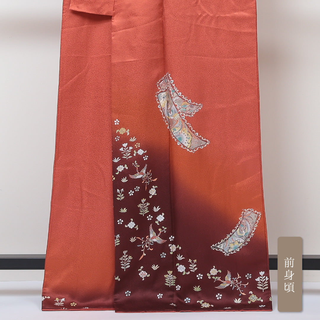 訪問着 袷 身丈166cm 裄丈66cm 正絹 Sランク 紋意匠 (花柄) セミフォーマル 広衿 XLサイズ ぼかし染 花喰鳥 ピンク系 RP 1217-04312