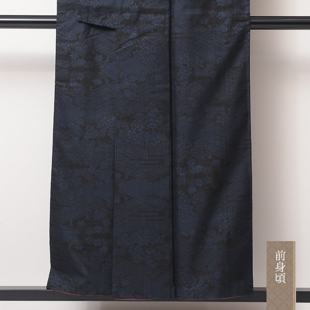 大島紬 袷 身丈152cm 裄丈62cm 正絹 Aランク インフォーマル 広衿 Sサイズ 純泥染め 証紙 御所解 紺系 RP 1223-03534