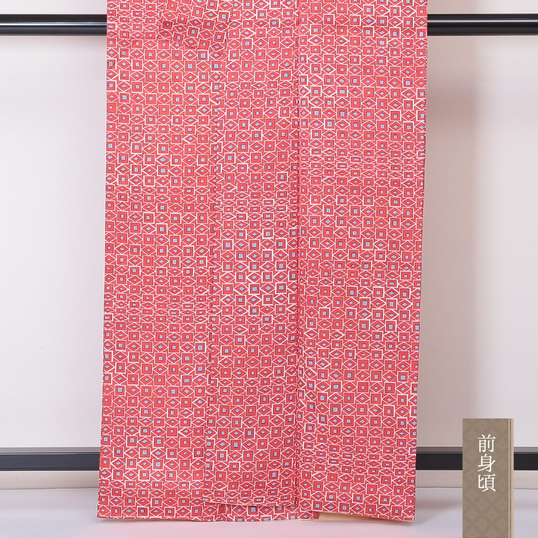 小紋 袷 身丈161cm 裄64.5cm 正絹 レトロ 菱形 赤系 Aランク 1215-02073