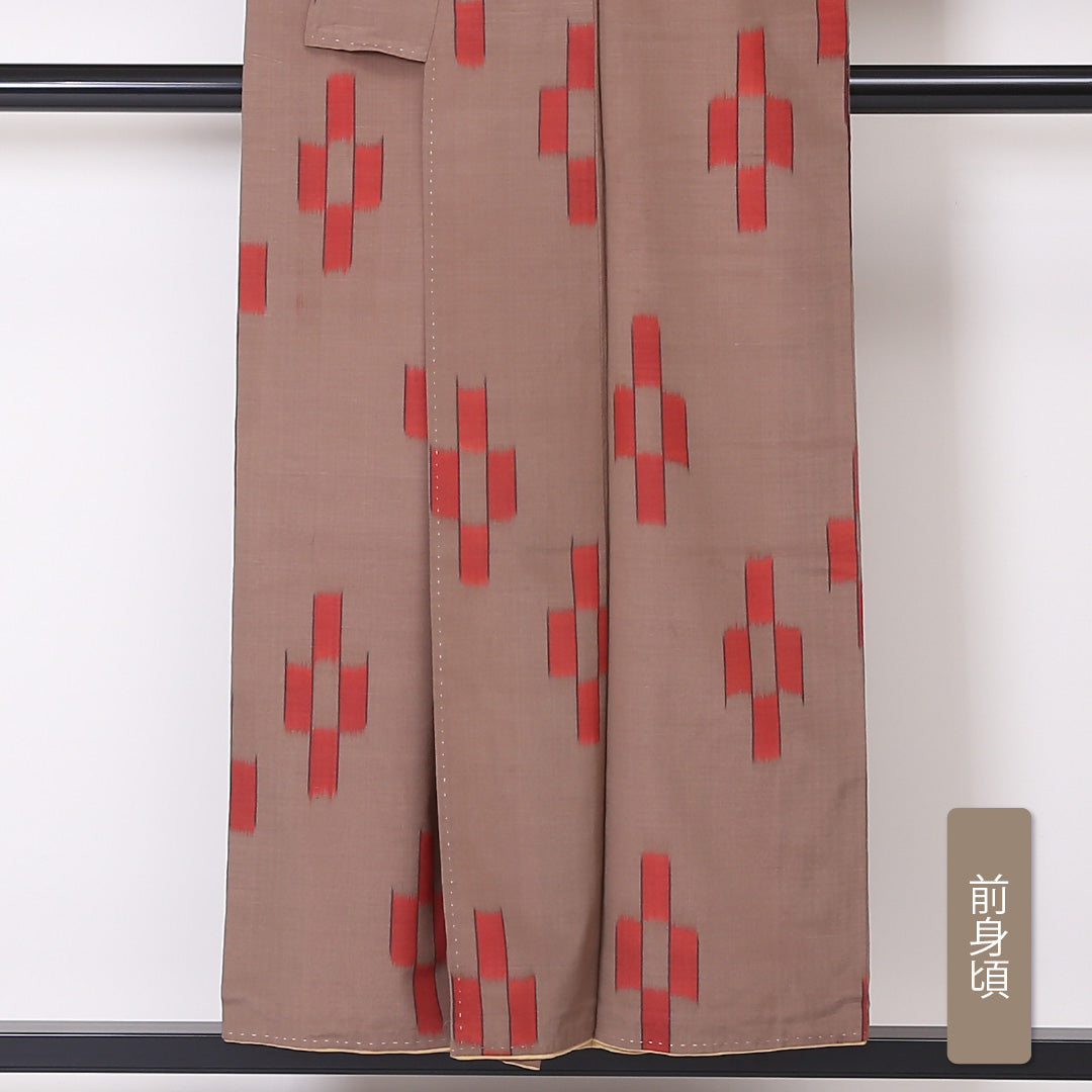 アンティーク 小紋 袷 身丈152cm 裄丈64cm 正絹 Bランク 広衿 Sサイズ 絣柄 茶系 RP 1221-01974