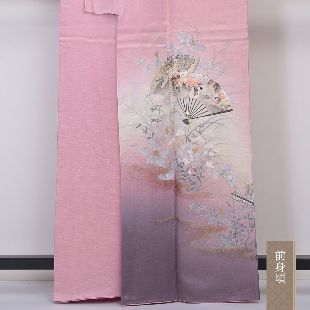訪問着 袷 身丈162cm 裄丈64cm 正絹 Sランク セミフォーマル 広衿 Lサイズ ぼかし染 金彩 扇 花柄 ピンク系 PO 1217-04534