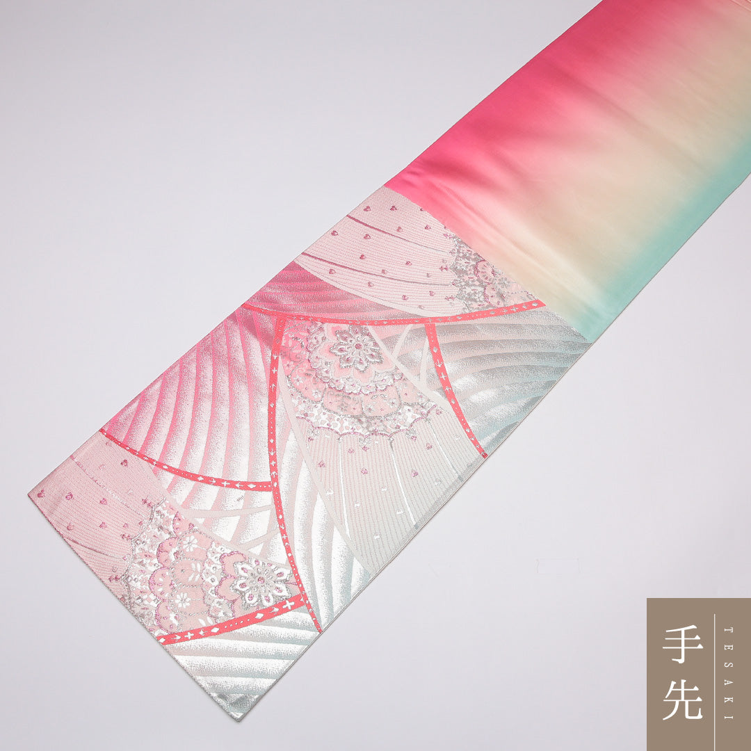 振袖用 袋帯 帯丈428cm ポリエステル 六通 花扇 ピンク系 1243-01157
