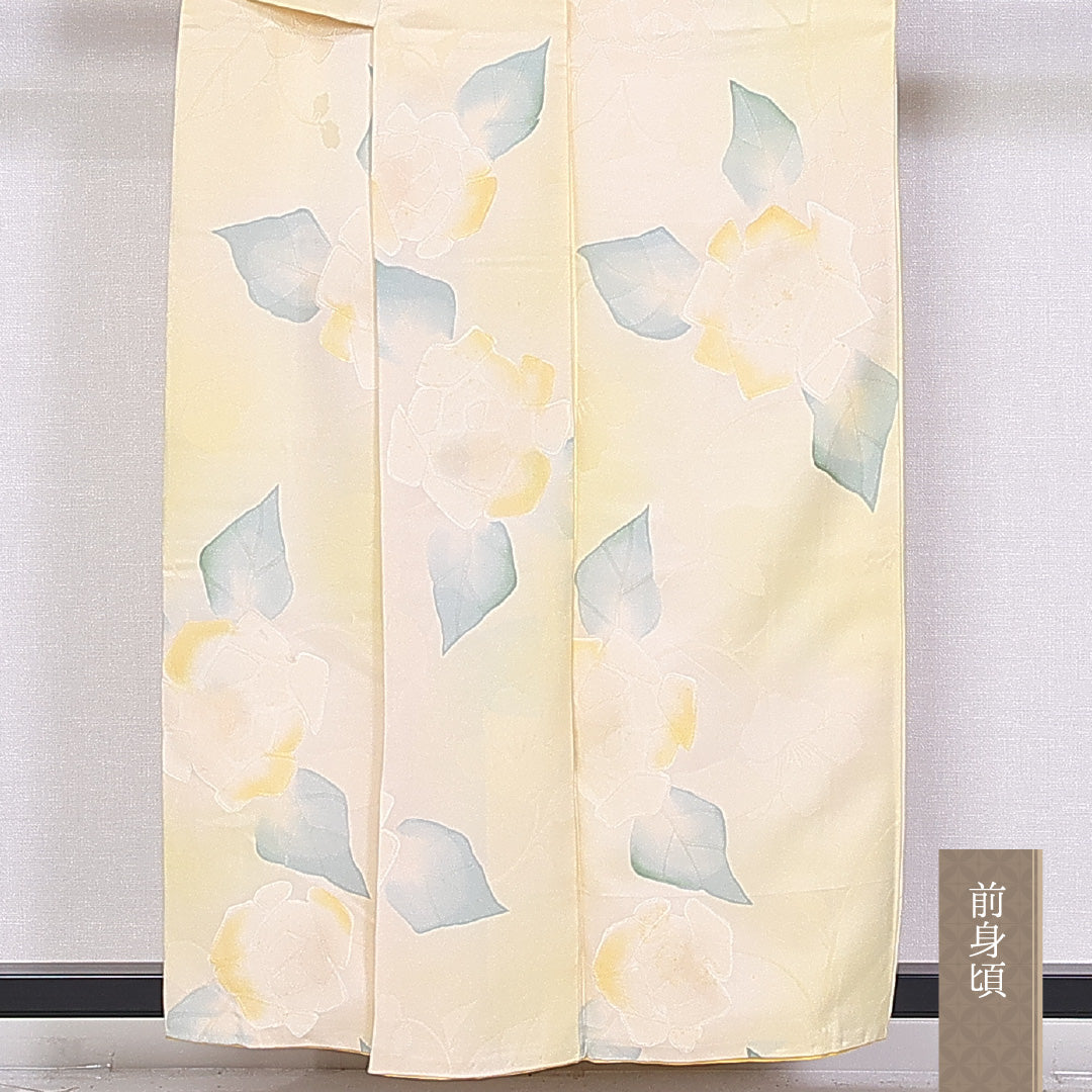 小紋 袷 身丈155cm 裄丈64cm 正絹 Cランク インフォーマル 広衿 Mサイズ 花柄 黄系 GP 1221-10529