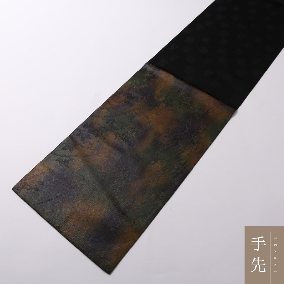 袋帯 帯丈442cm 六通 インフォーマル Sランク 正絹 引箔 創作柄 モダン 淡い 黒系 1223-01682
