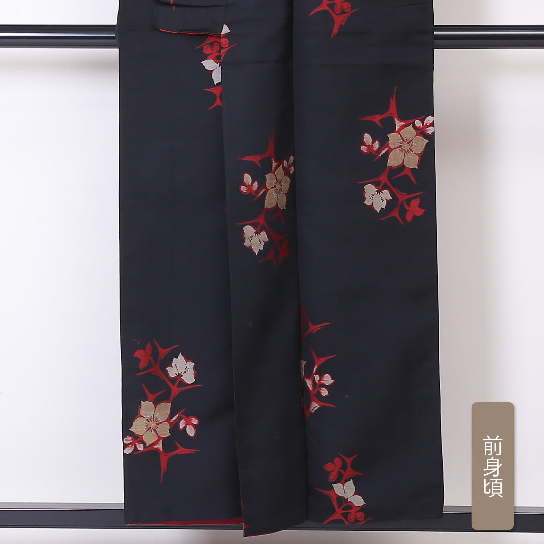 アンティーク お召 袷 身丈153cm 裄丈63cm 正絹 Bランク 広衿 Sサイズ 桔梗 黒系 RP 1222-03299