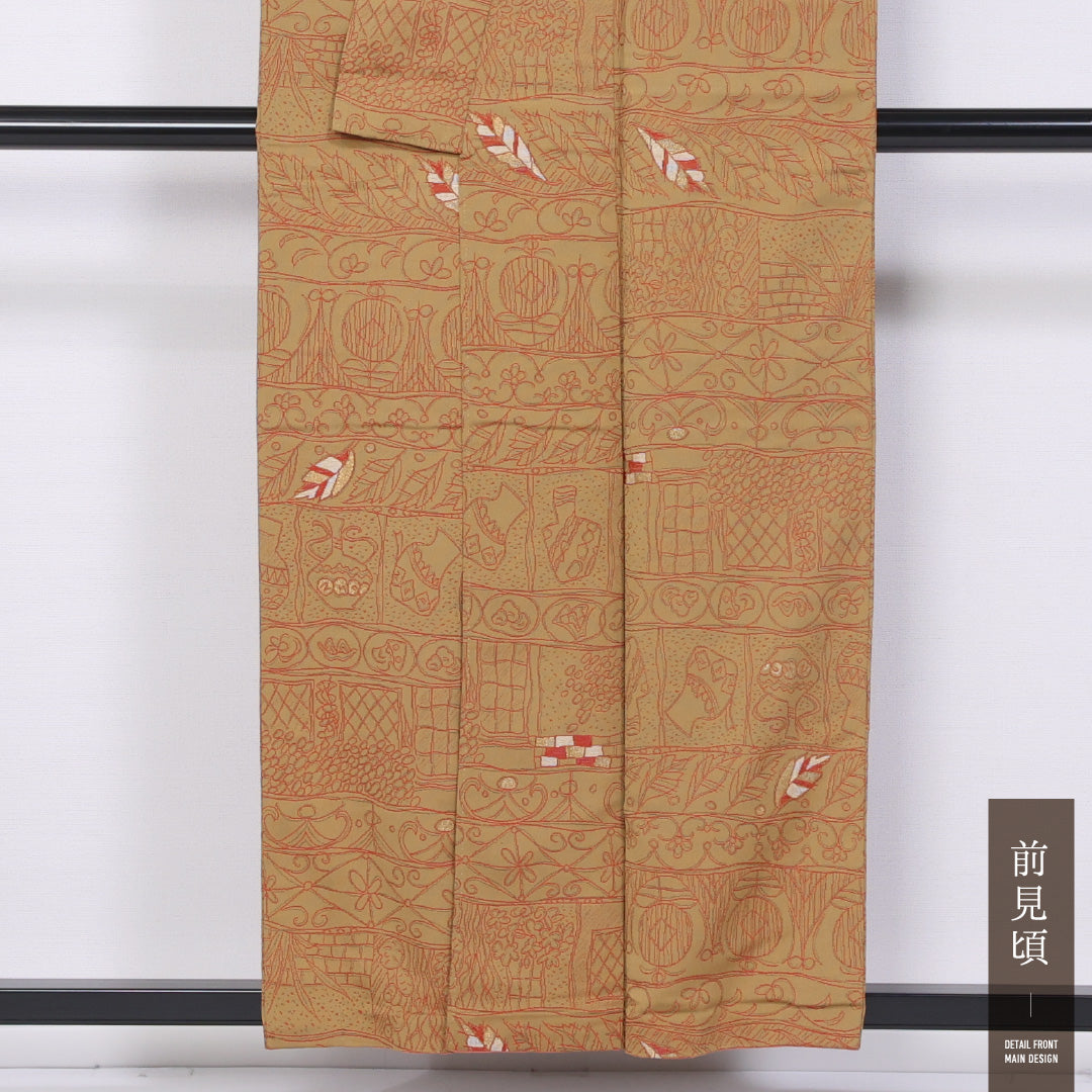 アンティーク お召 袷 身丈154cm 裄丈63cm 正絹 Aランク 広衿 Sサイズ 創作柄 茶系 M4 1222-11451