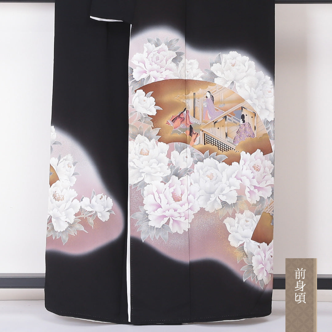 黒留袖 五つ紋 松皮菱に蔦 身丈160cm 裄丈64.5cm Sランク 正絹 袷 比翼 広衿 L 京友禅 平安絵巻 牡丹 フォーマル 黒系 1211-F0212