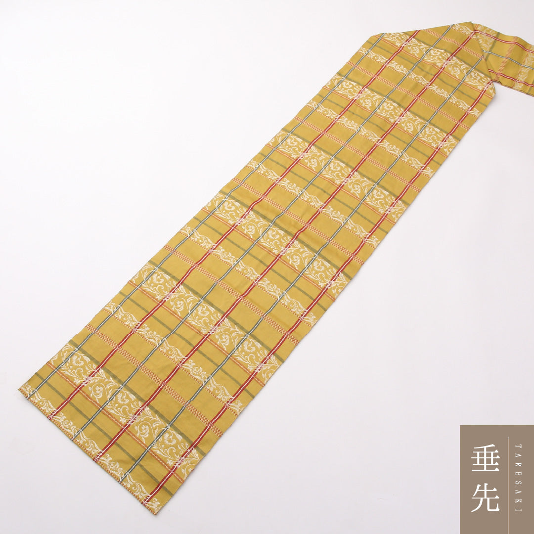 九寸名古屋帯 Aランク 帯丈345cm 正絹 全通 名古屋仕立て 帯芯なし 織り セミフォーマル 間道 名物裂 黄系 RP 1245-02334