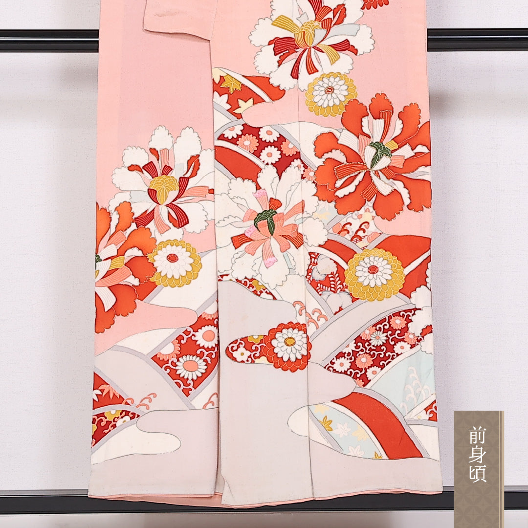 アンティーク 訪問着 袷 身丈150cm 裄61.5cm 正絹 錦紗 Cランク 1212-00848