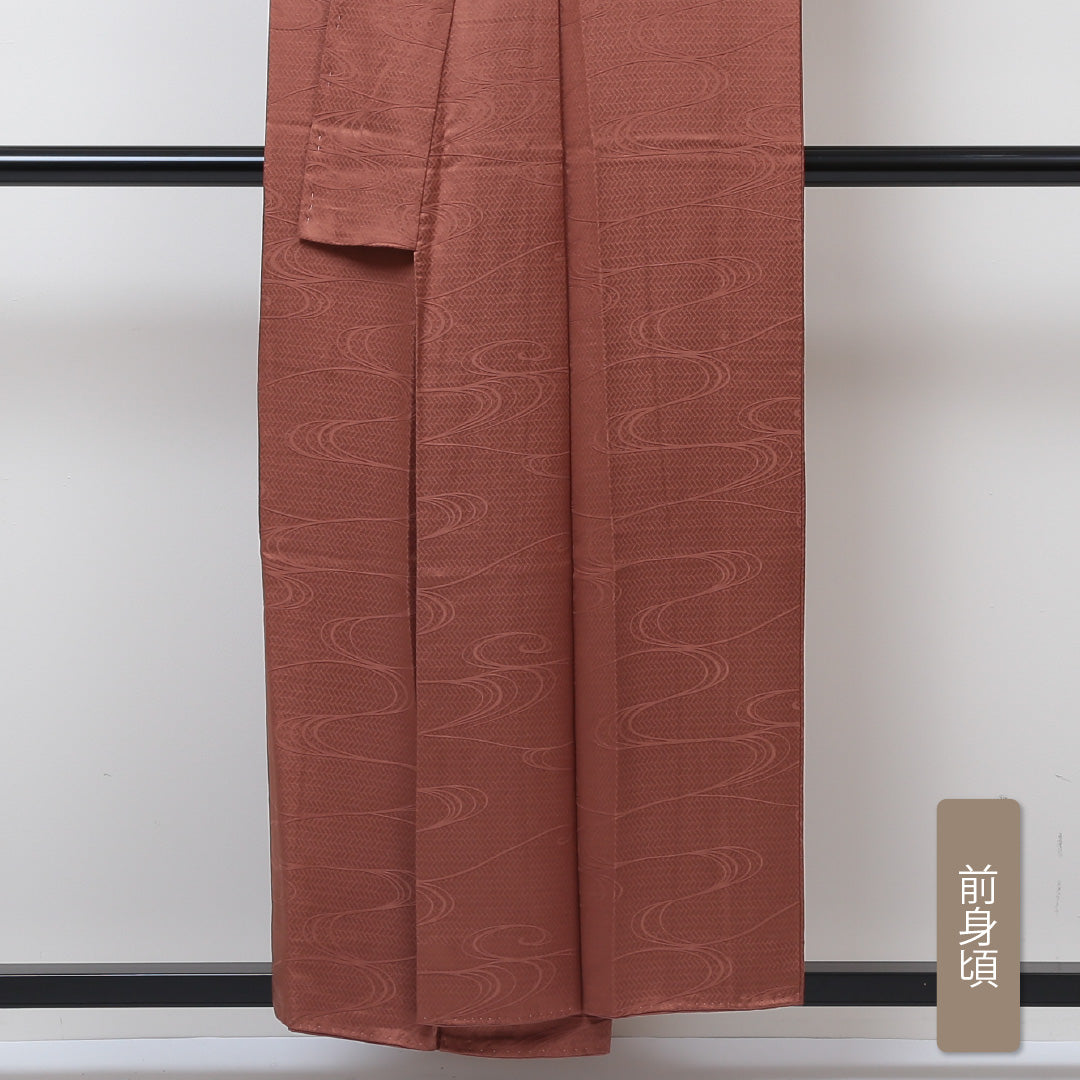 色無地 袷 身丈154cm 裄丈62cm 正絹 Sランク 紋意匠 (籠目に流水) インフォーマル 広衿 Sサイズ 茶系 M4 1219-05103