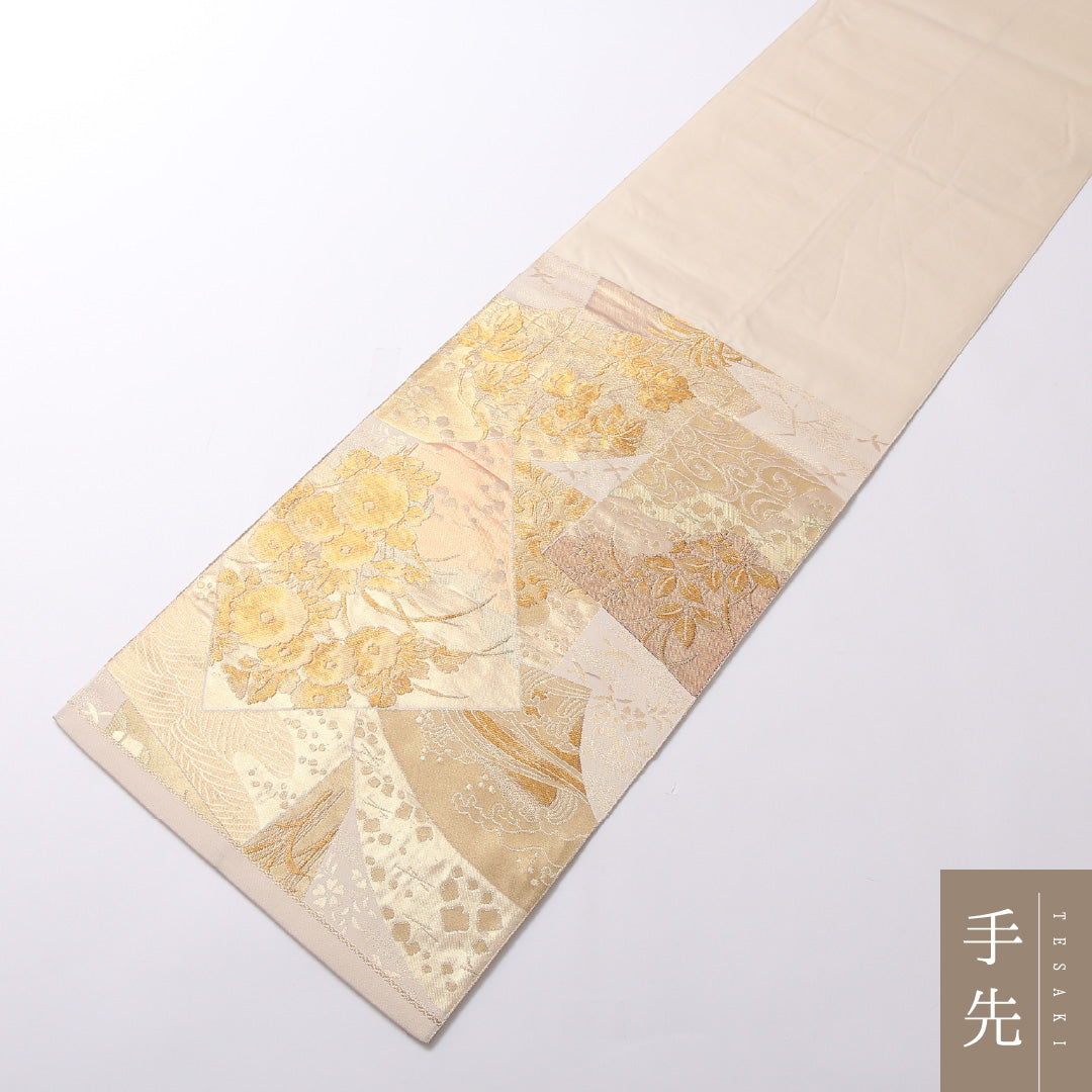 袋帯 帯丈444cm 正絹 六通 琳派乾土 色紙秋草文 フォーマル 琳派 色紙重ね ベージュ系 クリーム系 1243-01378