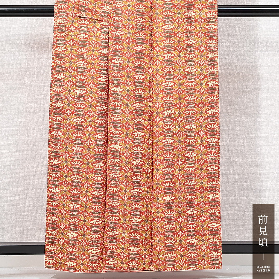 小紋 袷 身丈157cm 裄丈61cm 正絹 Sランク インフォーマル バチ衿 Mサイズ 笹 朱系 RP 1221-14891