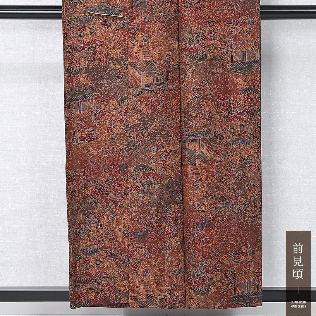 小紋 単衣 身丈155cm 裄丈63cm 正絹 Sランク インフォーマル 広衿 Mサイズ 御所解 桜 植物柄 朱系 RP 1221-12351