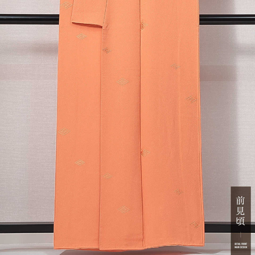 付下げ 袷 身丈157cm 裄丈64cm 正絹 Sランク Mサイズ 広衿 一つ紋(丸に違い鷹の羽) セミフォーマル 紋意匠 花菱 織り出し 青海波 朱系 1261-14946