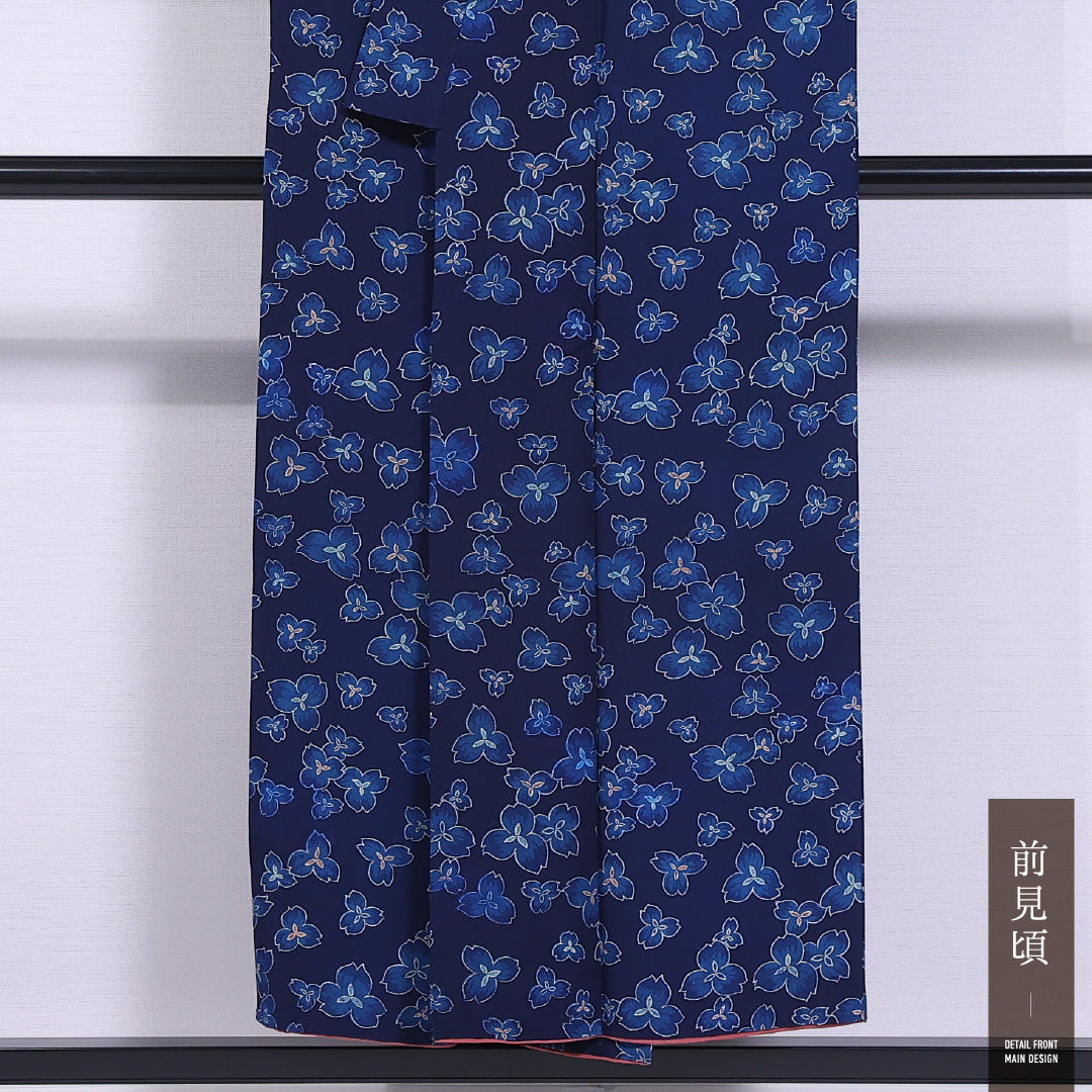 小紋 袷 身丈149cm 裄丈65cm 正絹 Cランク インフォーマル バチ衿 XSサイズ 花柄 紺系 HP 1221-11798