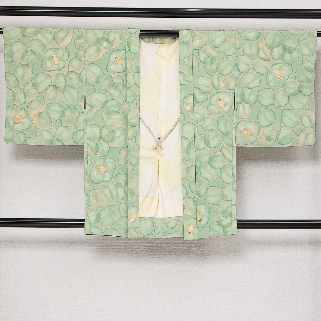 羽織 袷 身丈84cm 裄丈66cm 正絹 Sランク カジュアル Mサイズ 紐あり 花柄 緑系 RP 1232-13884