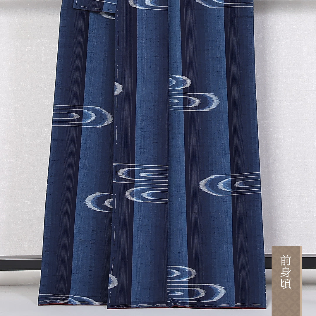 紬 袷 身丈164cm 裄65cm 正絹 真綿紬 流水 縞 紺系 Sランク 1216-01384