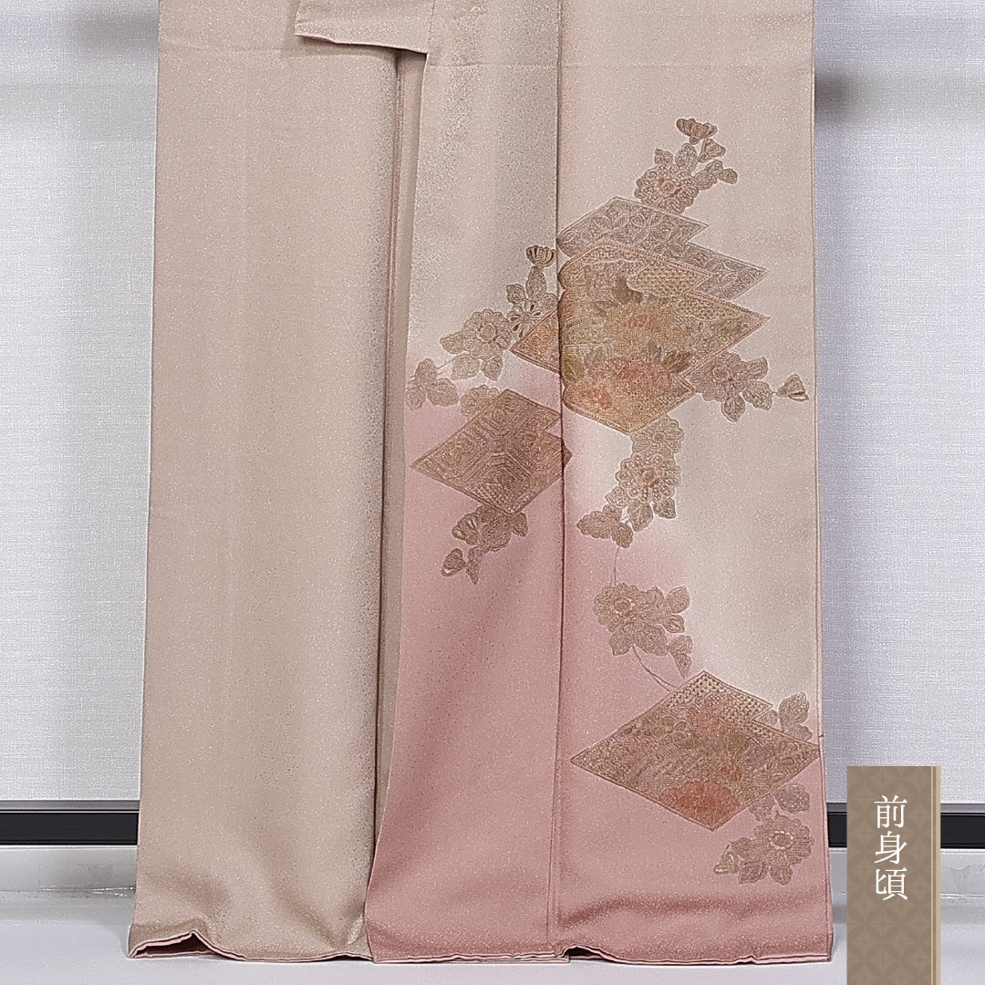 訪問着 身丈164cm 裄丈61.5cm Aランク 袷 一つ紋 正絹 広衿 汕頭刺繍 蘇州刺繍 松皮菱 菊 ぼかし 1212-10206