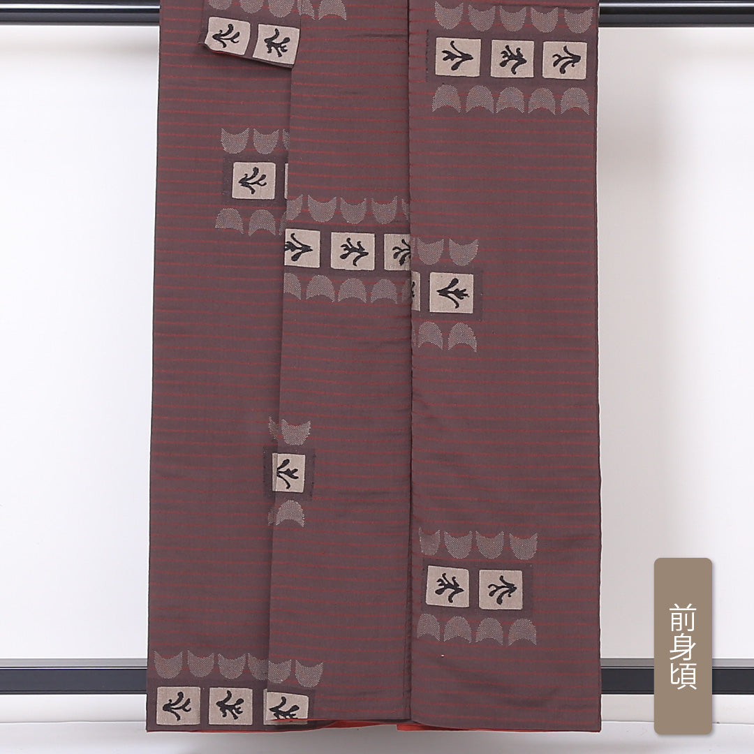 紬 袷 身丈158cm 裄丈64cm 正絹 Aランク カジュアル 広衿 Mサイズ 創作柄 茶系 RP 1223-03273