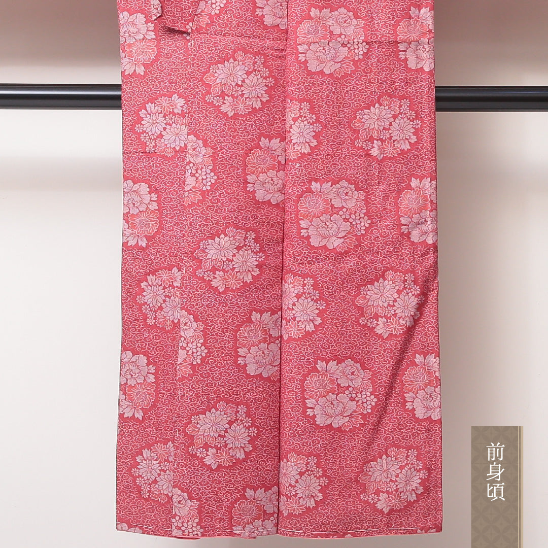 アンティーク 袷 身丈141cm 裄62cm 正絹 お召 芍薬 花毬や菊 ピンク系 Sランク 1216-01043