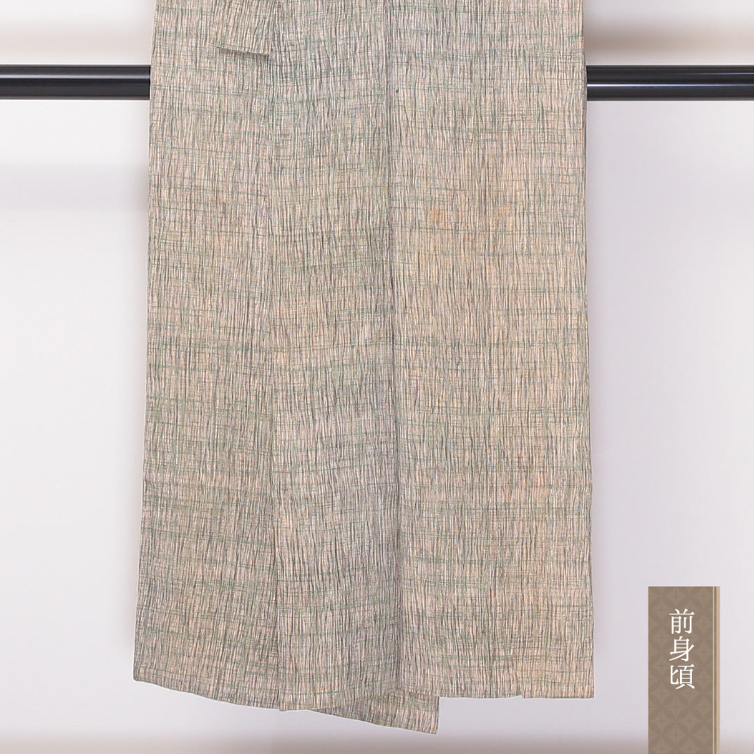 小紋 単衣 身丈143cm 裄59.5cm 正絹 夏着物 緑系 ちぢみ Cランク 1215-02268