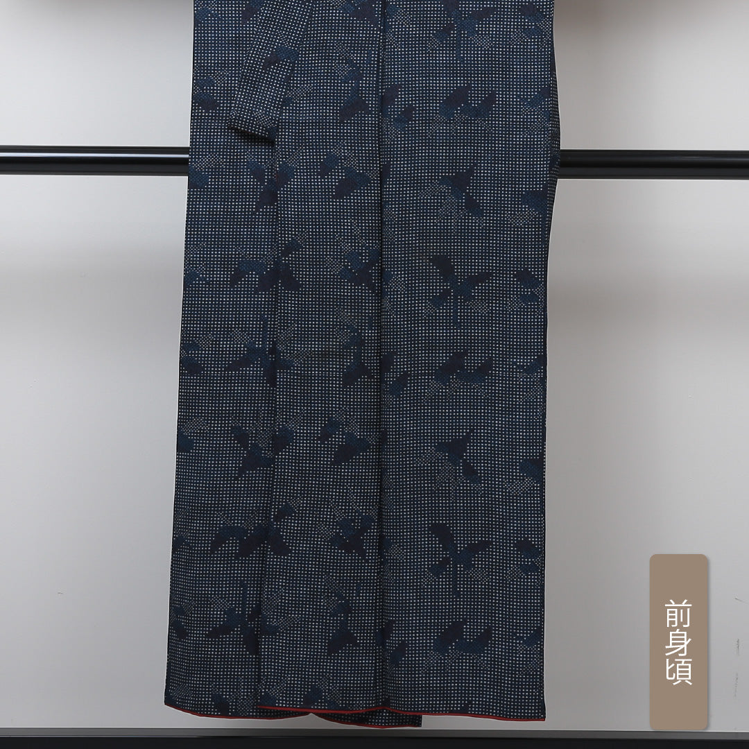 洗える着物 小紋 袷 身丈147cm 裄丈60cm ポリエステル Sランク インフォーマル バチ衿 XSサイズ 幾何学柄 紺系 RP 1221-01320