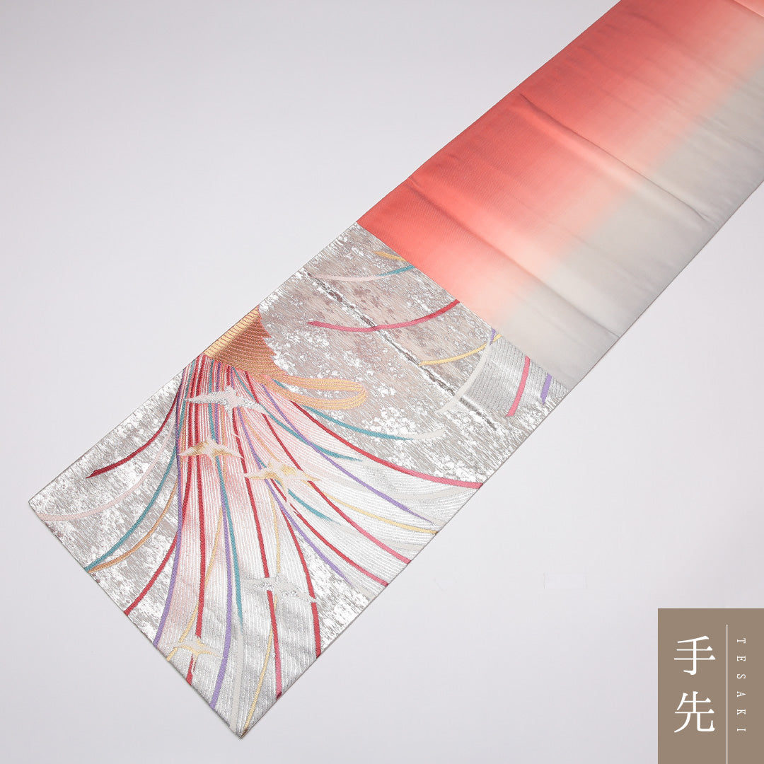 袋帯 帯丈420cm 六通 振袖帯 鶴 創作 フォーマル 銀系 正絹 Sランク 1223-01160