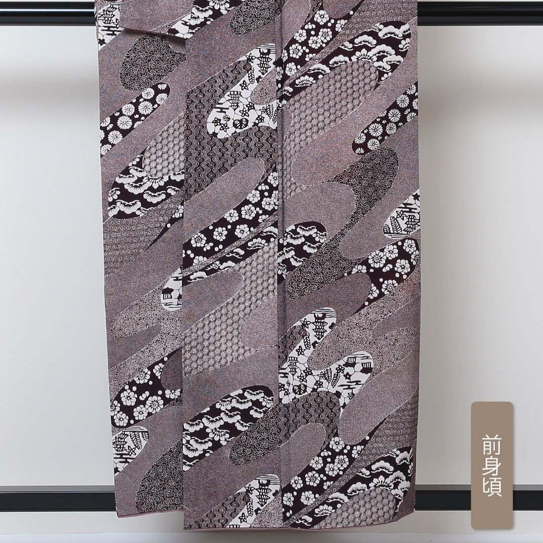 小紋 袷 身丈155cm 裄丈62cm 正絹 Bランク インフォーマル 広衿 Mサイズ 花柄 紫系 RP 1221-01470