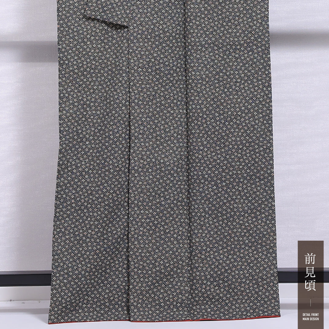 洗える着物 小紋 袷 身丈163cm 裄丈65cm ポリエステル Sランク インフォーマル 広衿 Lサイズ 唐草 梅 黒系 RP 1221-11866
