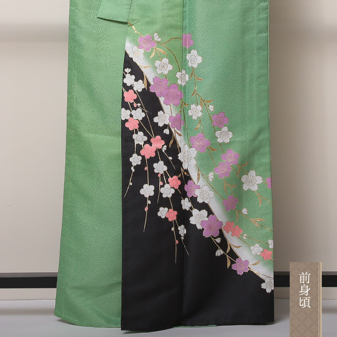 訪問着 単衣 身丈160~164cm 裄70cm ポリエステル 洗える着物 桜や梅 舞台用 緑系 Bランク 1212-00593