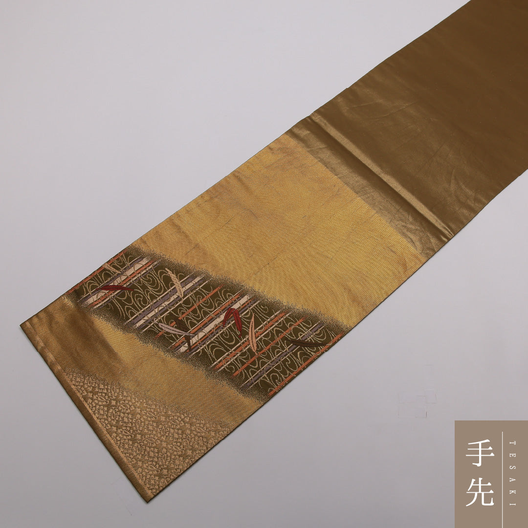 袋帯 帯丈438cm Sランク 六通 正絹 植物 フォーマル 緑系 1223-01432