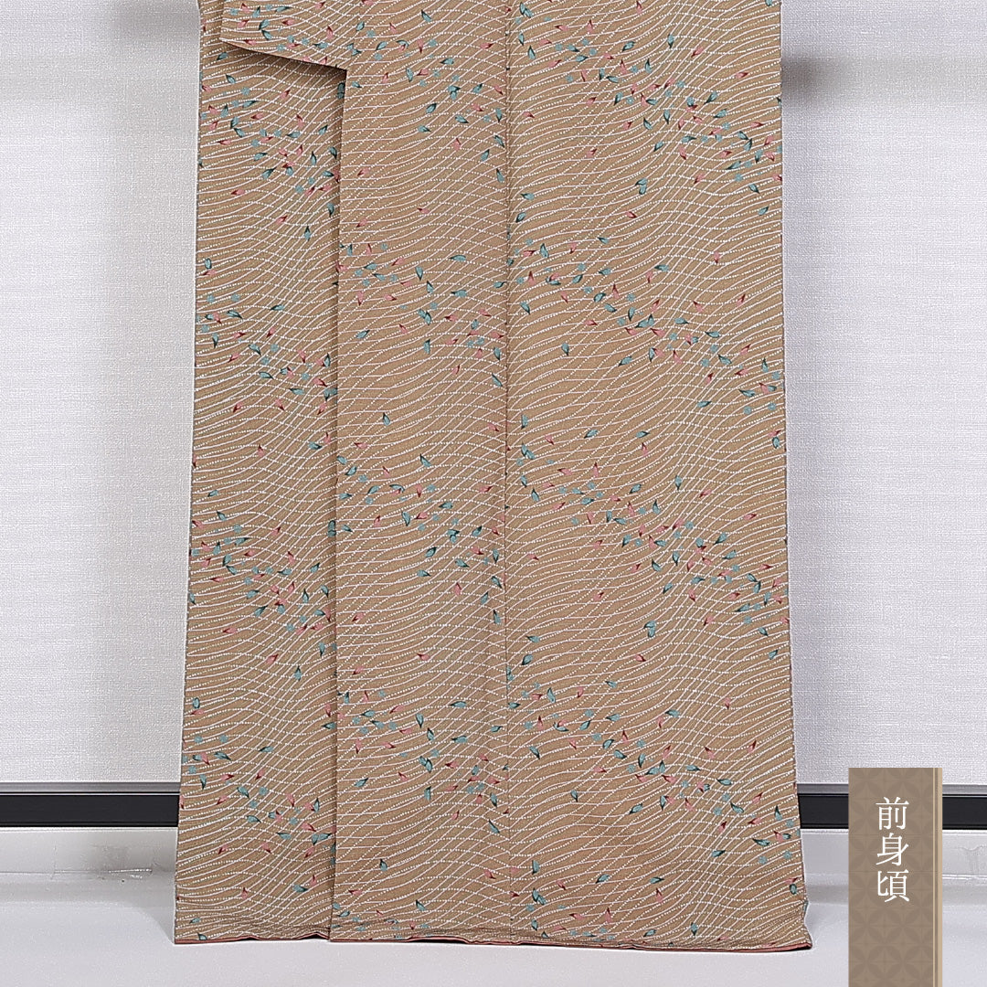 小紋 袷 身丈164cm 裄丈63cm 正絹 Sランク インフォーマル 広衿 Lサイズ 花柄 茶系 RP 1221-10173