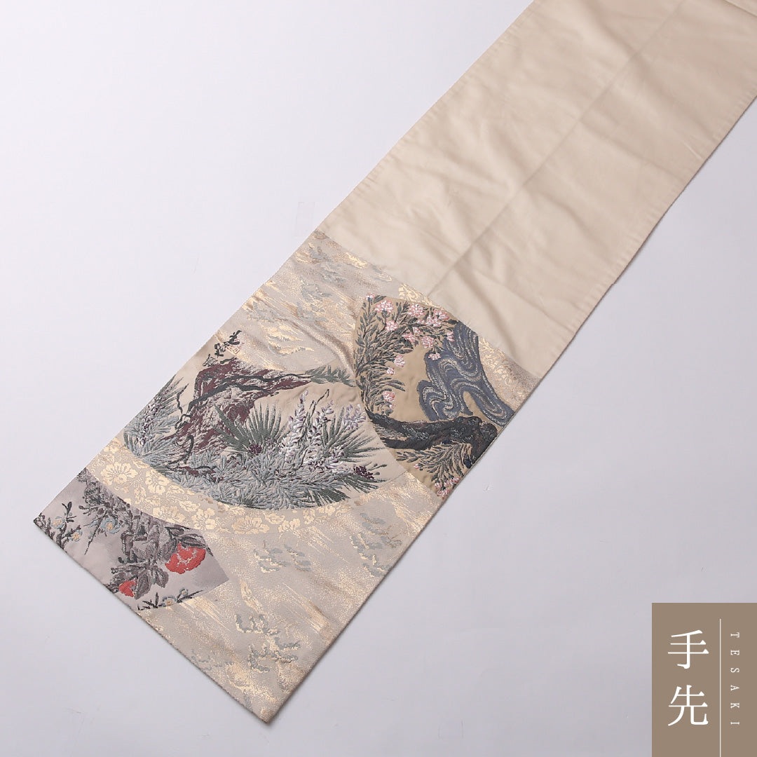 袋帯 帯丈420cm 正絹 全通 フォーマル 扇面文 流水 松 クリーム系 1243-01574