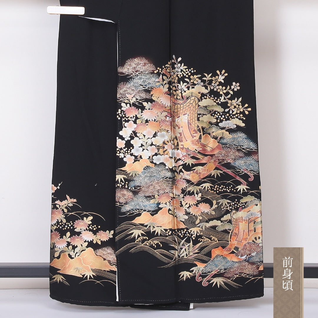 黒留袖 五つ紋 丸に四ツ目菱 身丈161cm 裄丈64cm Aランク 正絹 袷 比翼 広衿 L 落款 たたき染 御所車 梅 松 フォーマル 黒系 1211-F0218