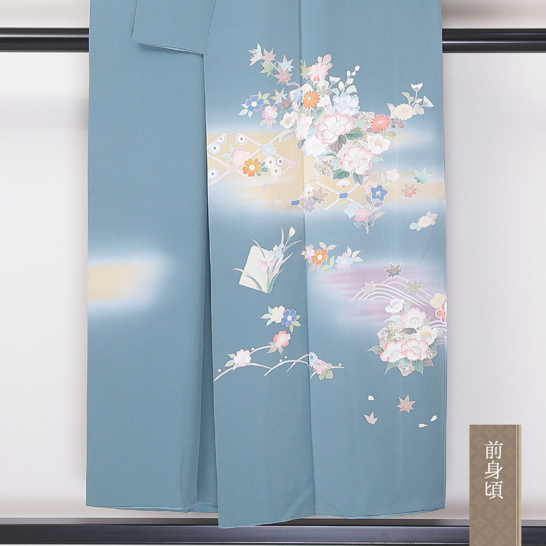 訪問着 袷 身丈149cm 裄61cm 正絹 一つ紋 ぼかし 牡丹 菊 金彩 立ち沢瀉 Aランク 1212-00648