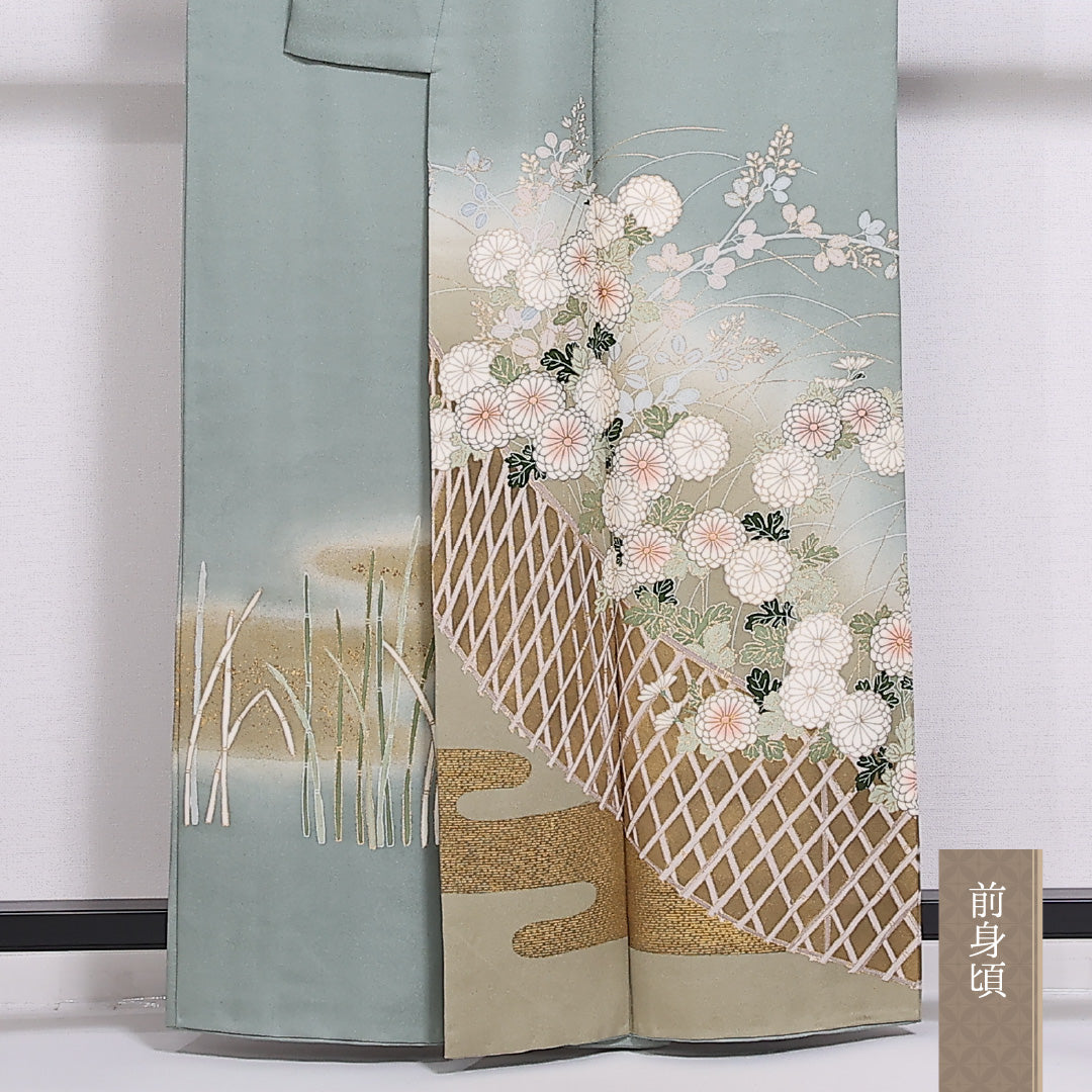 色留袖 身丈159cm 裄丈64cm Sランク 正絹 袷 広衿 M エ霞 菊 ぼかし 金彩 セミフォーマル 緑系 1211-F0290