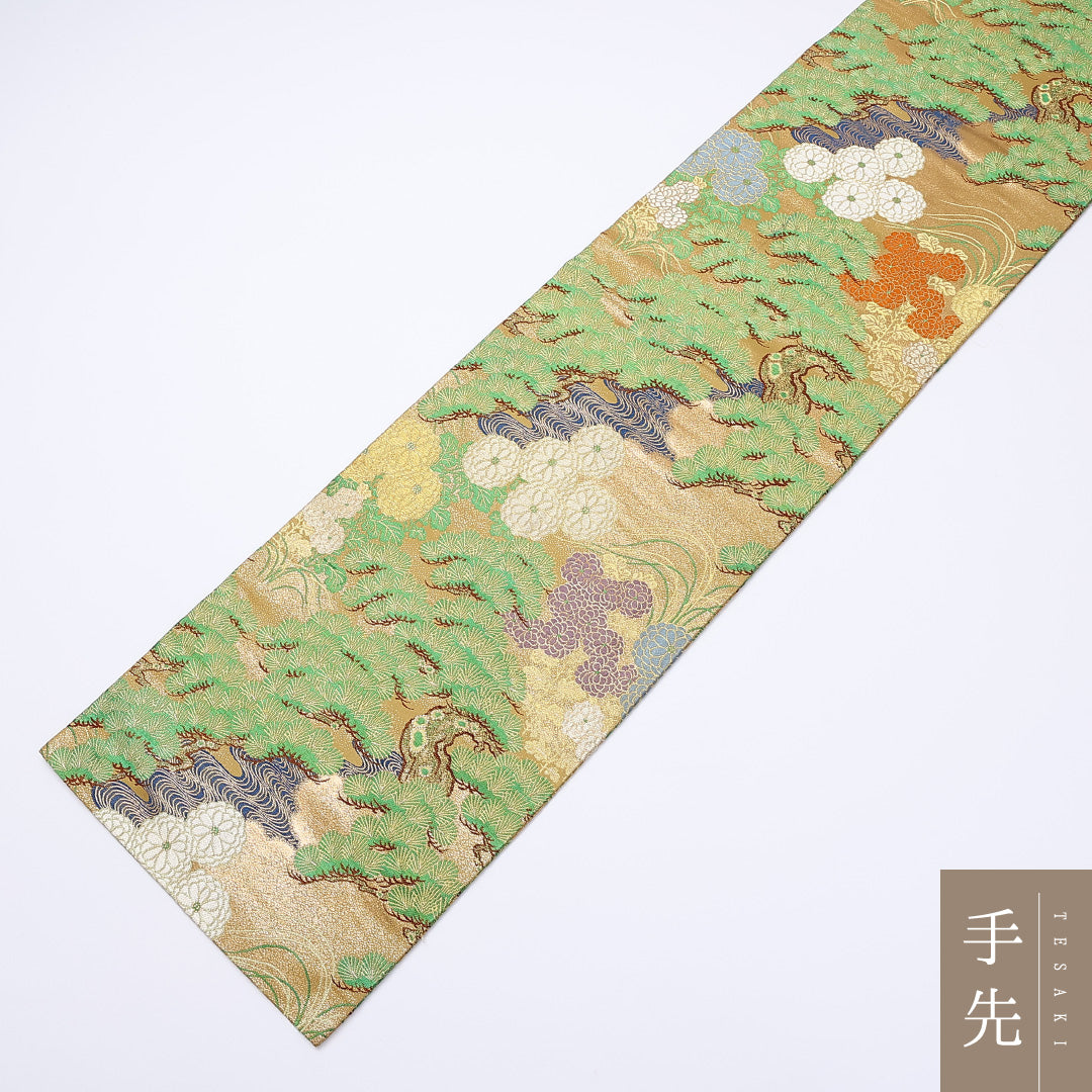 アンティーク 丸帯 帯丈388cm 全通 松 菊 緑系 フォーマル 金系 正絹 Aランク 1223-00985