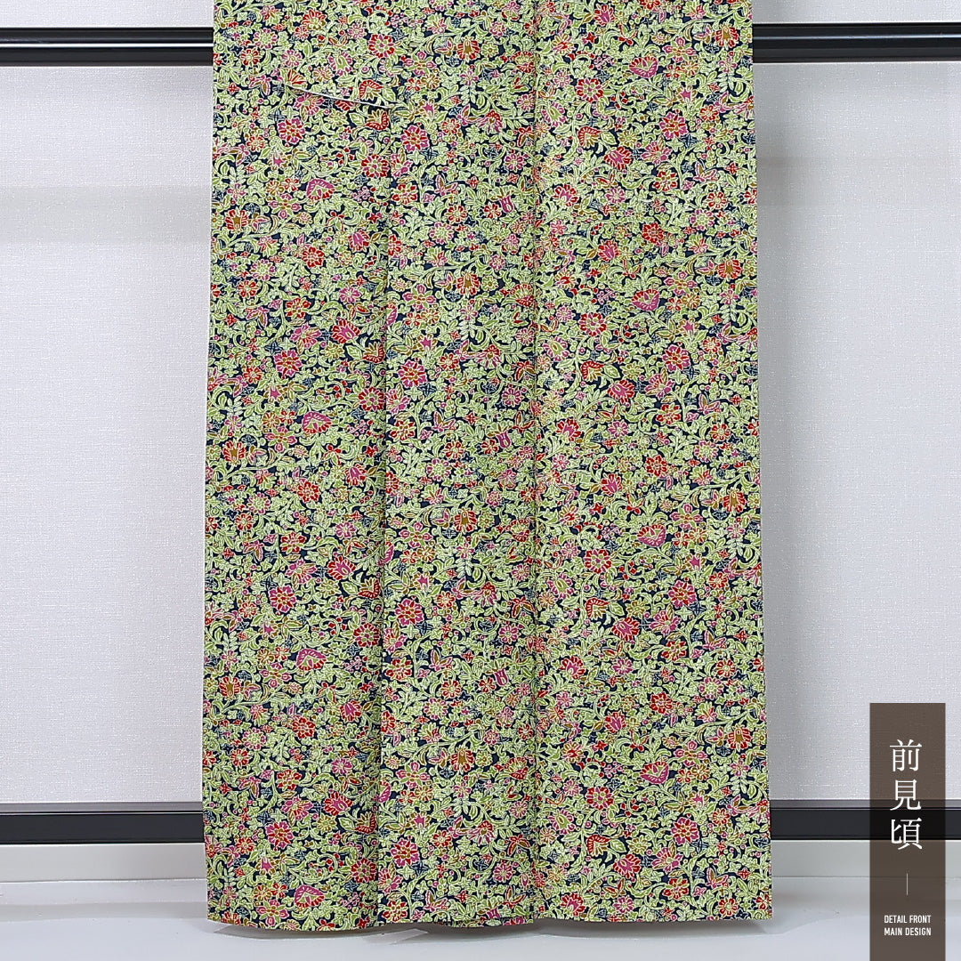 小紋 身丈161cm 裄丈62.5cm Sランク L 正絹 単衣 広衿 唐華 カジュアル 緑系 1215-12221