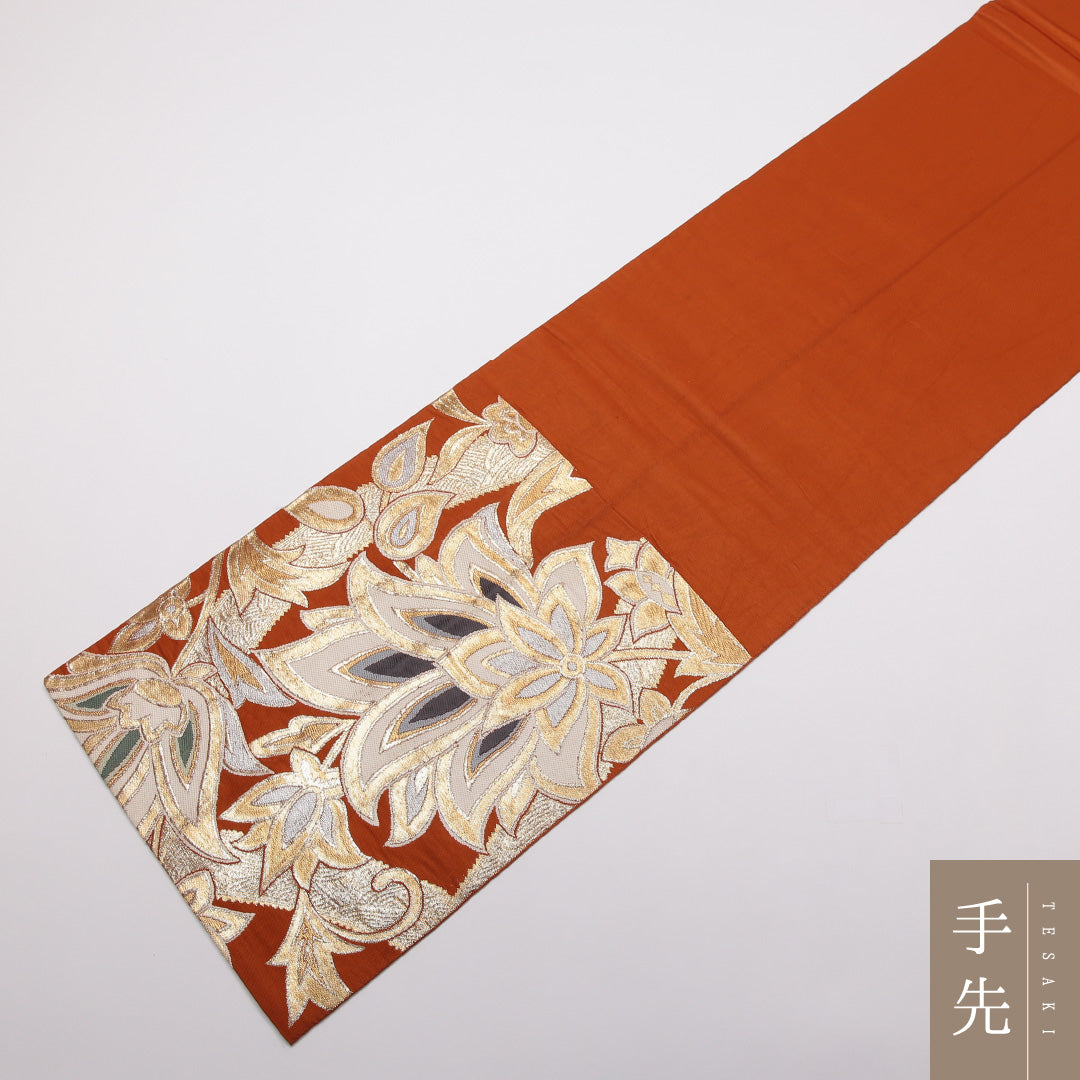 アンティーク 袋帯 帯丈400cm 正絹 六通 唐草華文 朱系 1243-01419